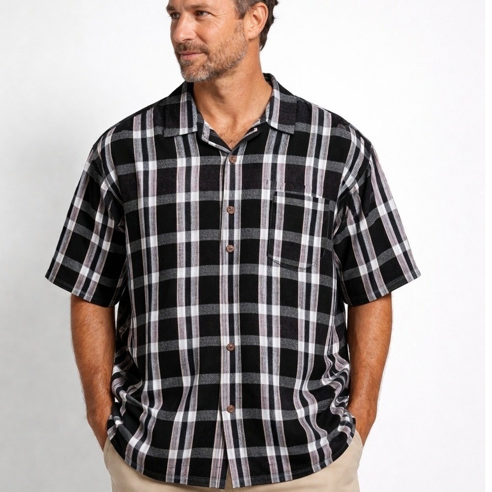 Tommy Bahama Silk Shirt Mens XL Black Plaid Camp Button Aloha Casual